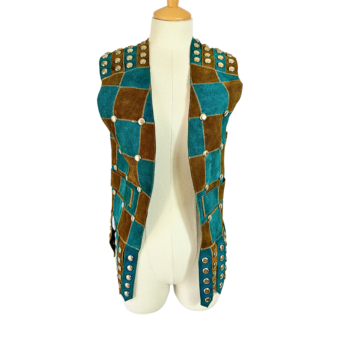 70s vintage studded patchwork suede waistcoat - S