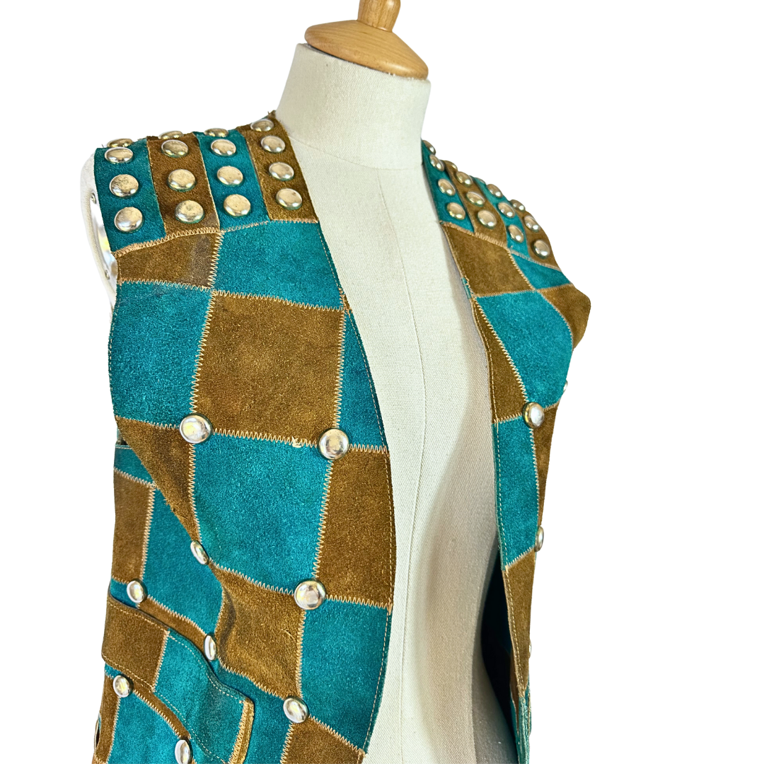 70s vintage studded patchwork suede waistcoat - S