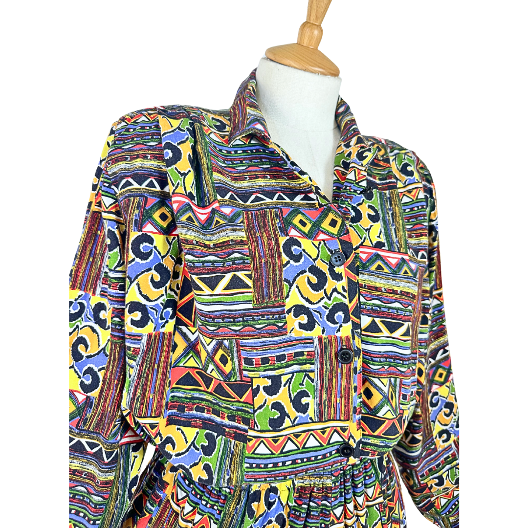 Colourful vintage abstract shirt and shorts set - M