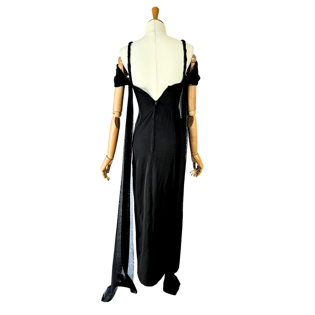 Black vintage evening dress with slit and 3D rosette embellishment - XS