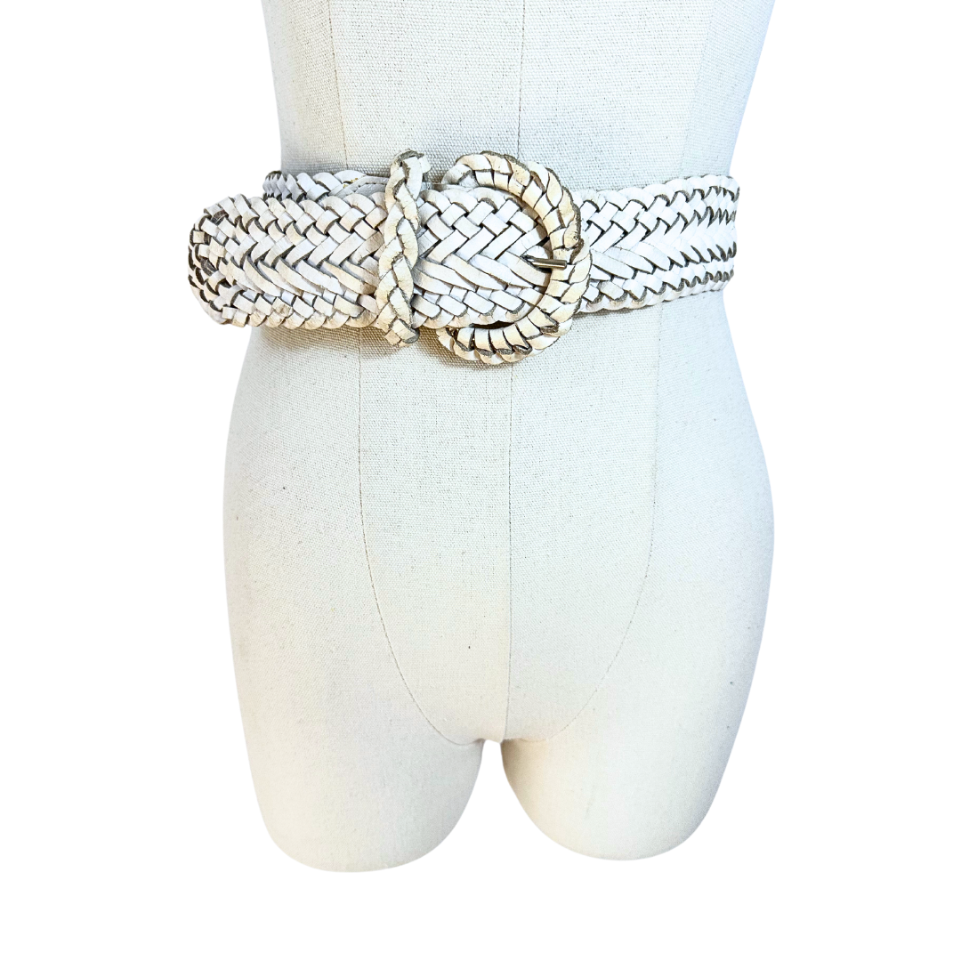 White vintage braided leather belt - M