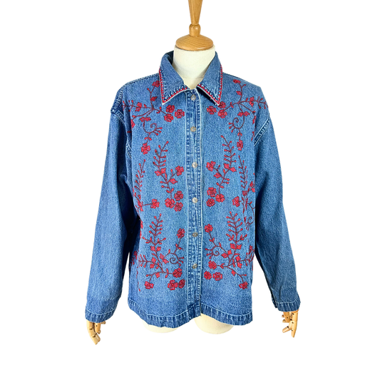 90s floral embroidered denim shirt - M