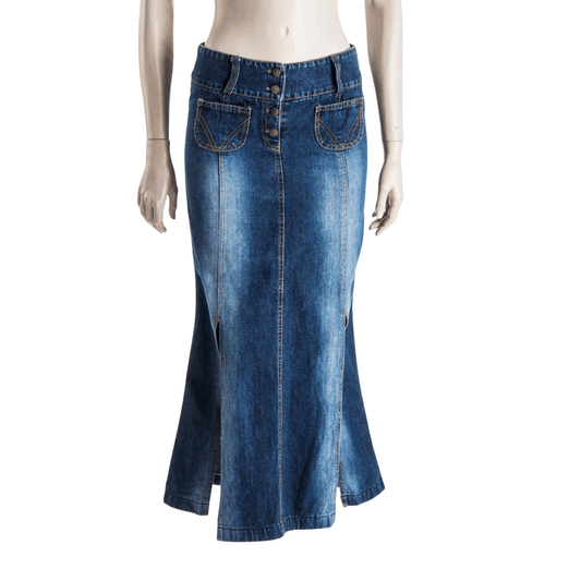 Y2k denim low-rise distressed maxi skirt - S