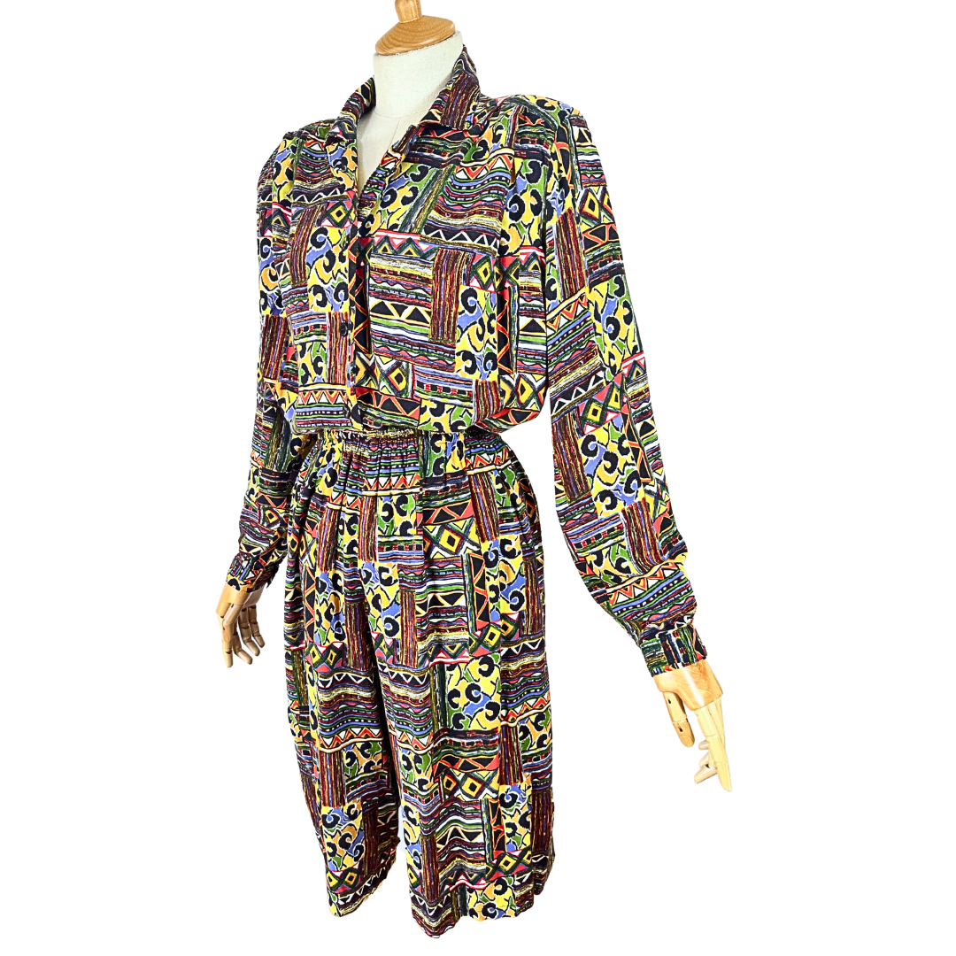 Colourful vintage abstract shirt and shorts set - M