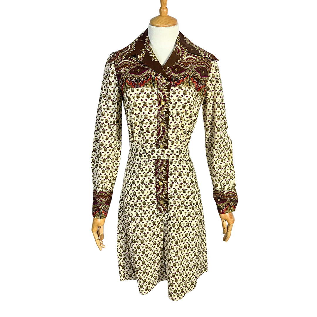 70s vintage floral and paisley print shirt dress - S