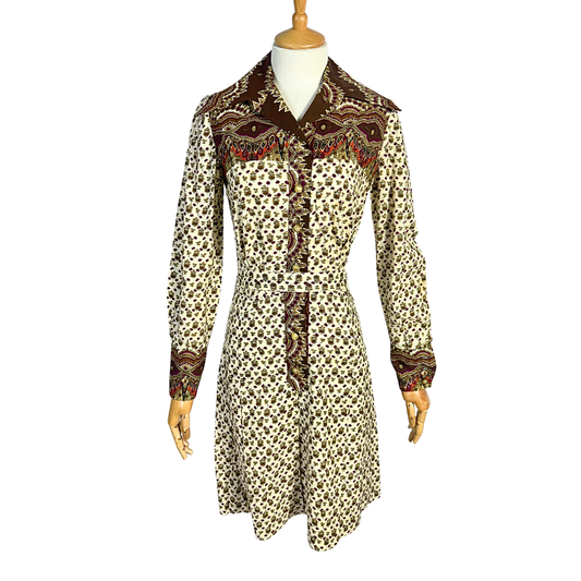 70s vintage floral and paisley print shirt dress - S