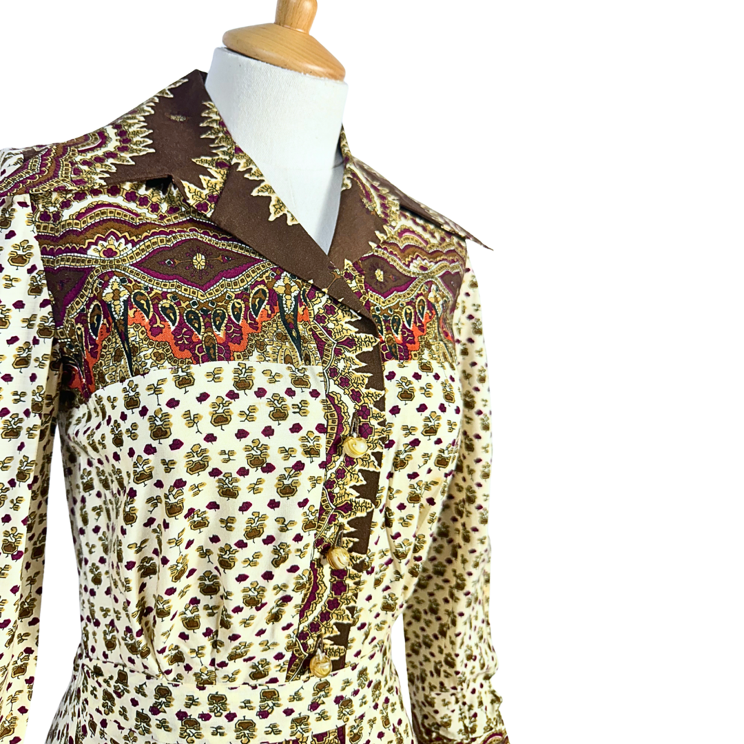 70s vintage floral and paisley print shirt dress - S