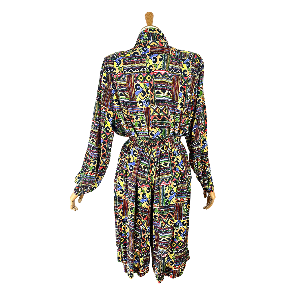 Colourful vintage abstract shirt and shorts set - M