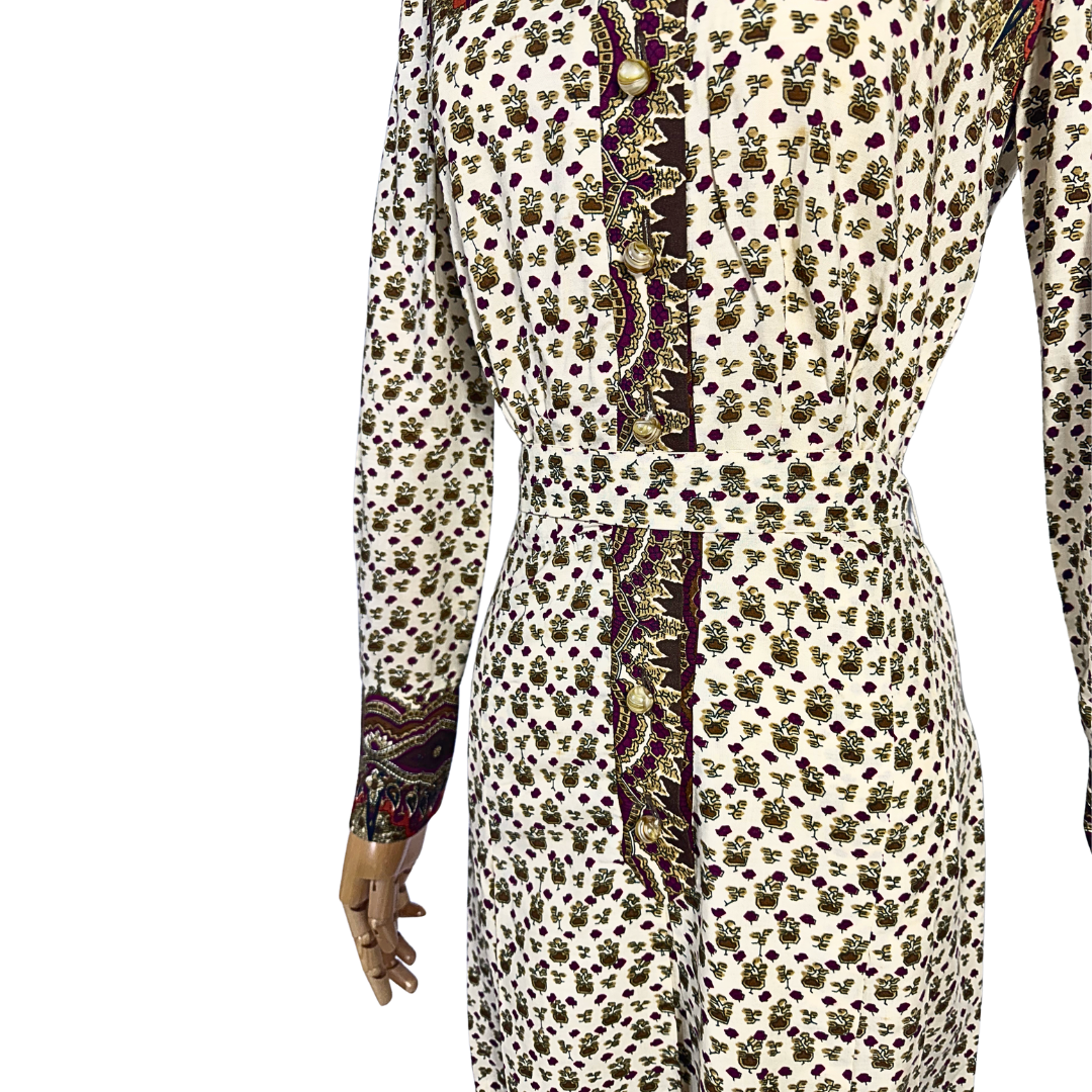 70s vintage floral and paisley print shirt dress - S