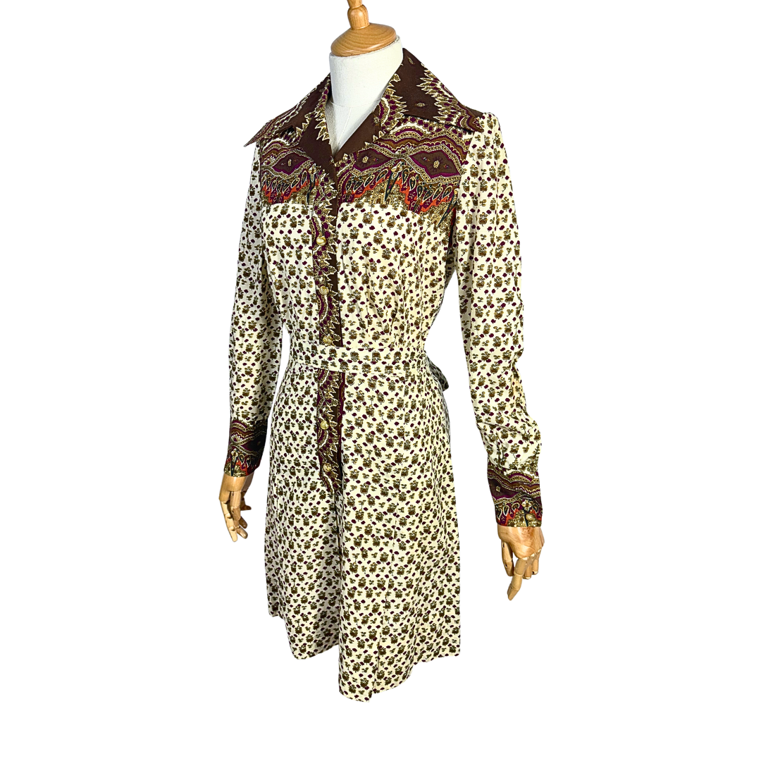 70s vintage floral and paisley print shirt dress - S