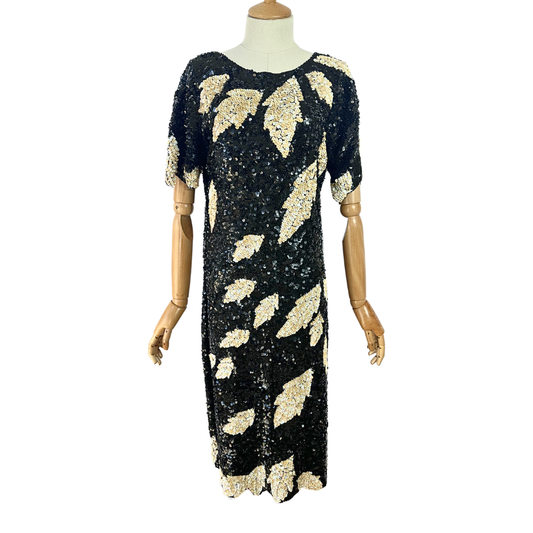 Vintage fully sequined leaf motif silk dress - S