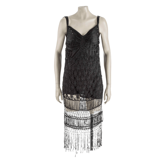 Gatsby style crochet fringed dress with silver beads - S/M