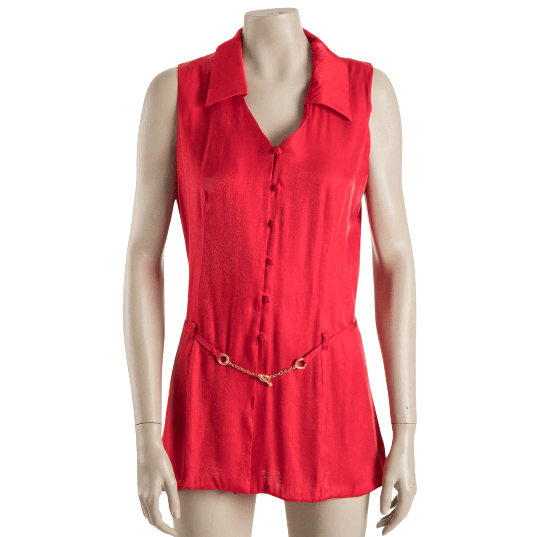 Sleeveless button-up collared top with belt - L