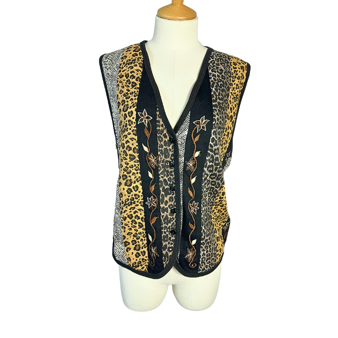 Vintage animal print and floral embroidered waistcoat - L