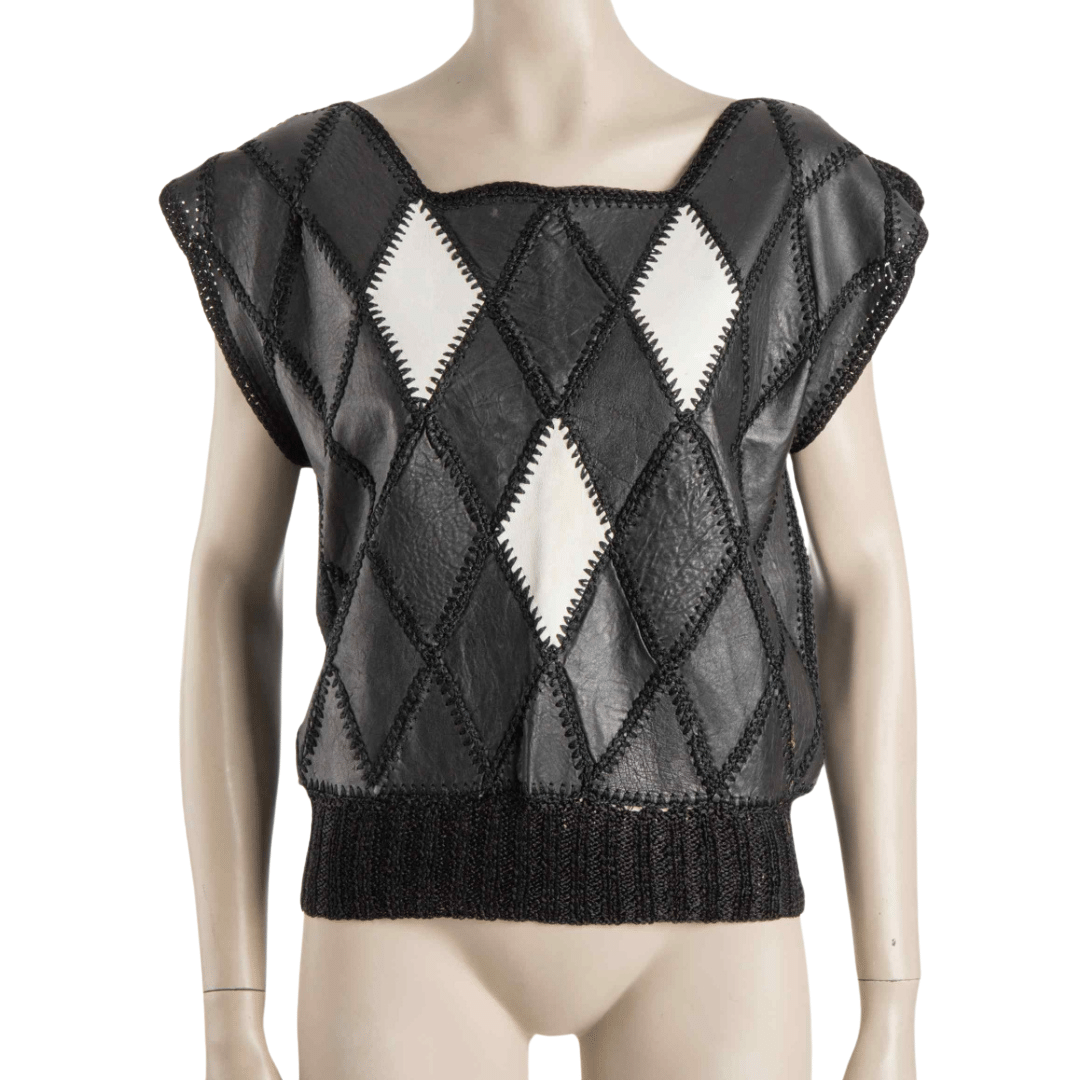 Square-neck diamond patch leather and knit top - L