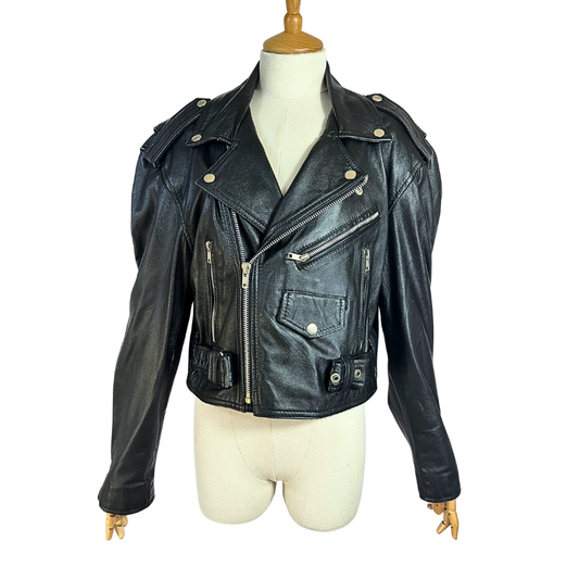 Black classic vintage leather cropped biker jacket - M