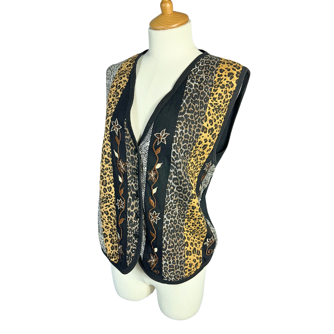 Vintage animal print and floral embroidered waistcoat - L