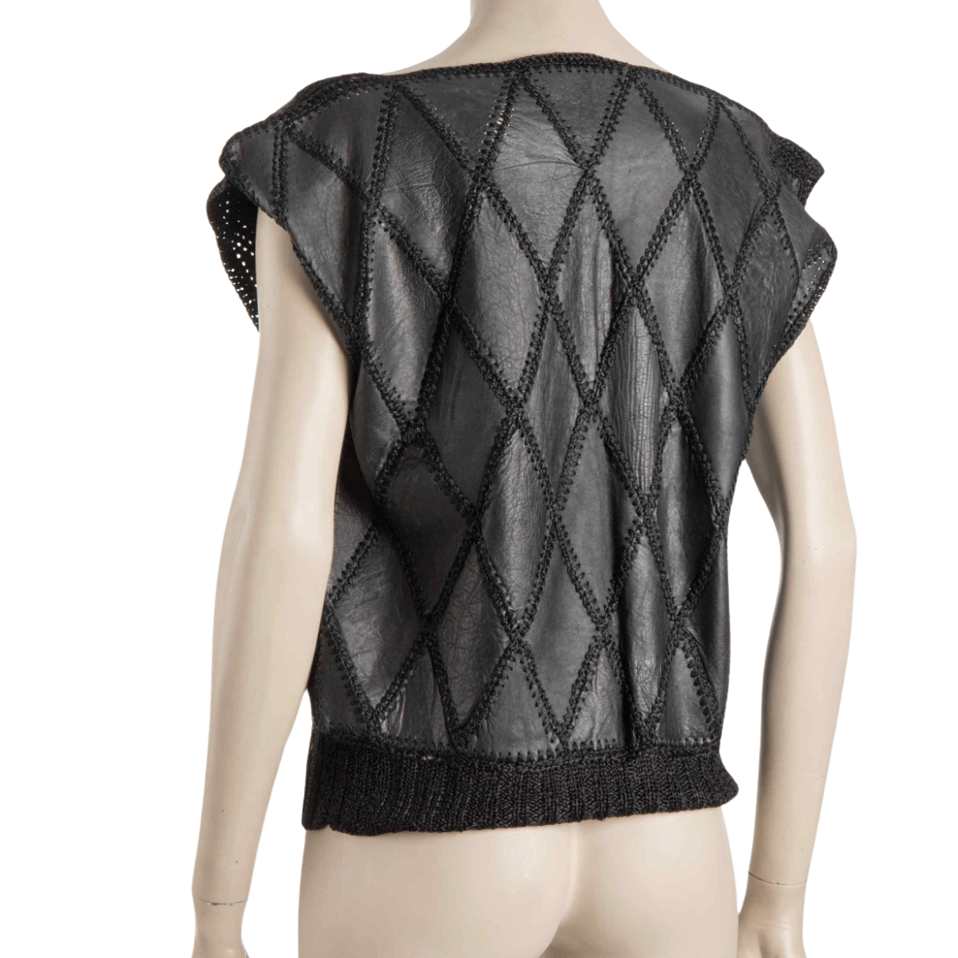 Square-neck diamond patch leather and knit top - L