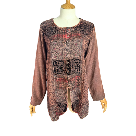 Brown boho embroidered button down top - M