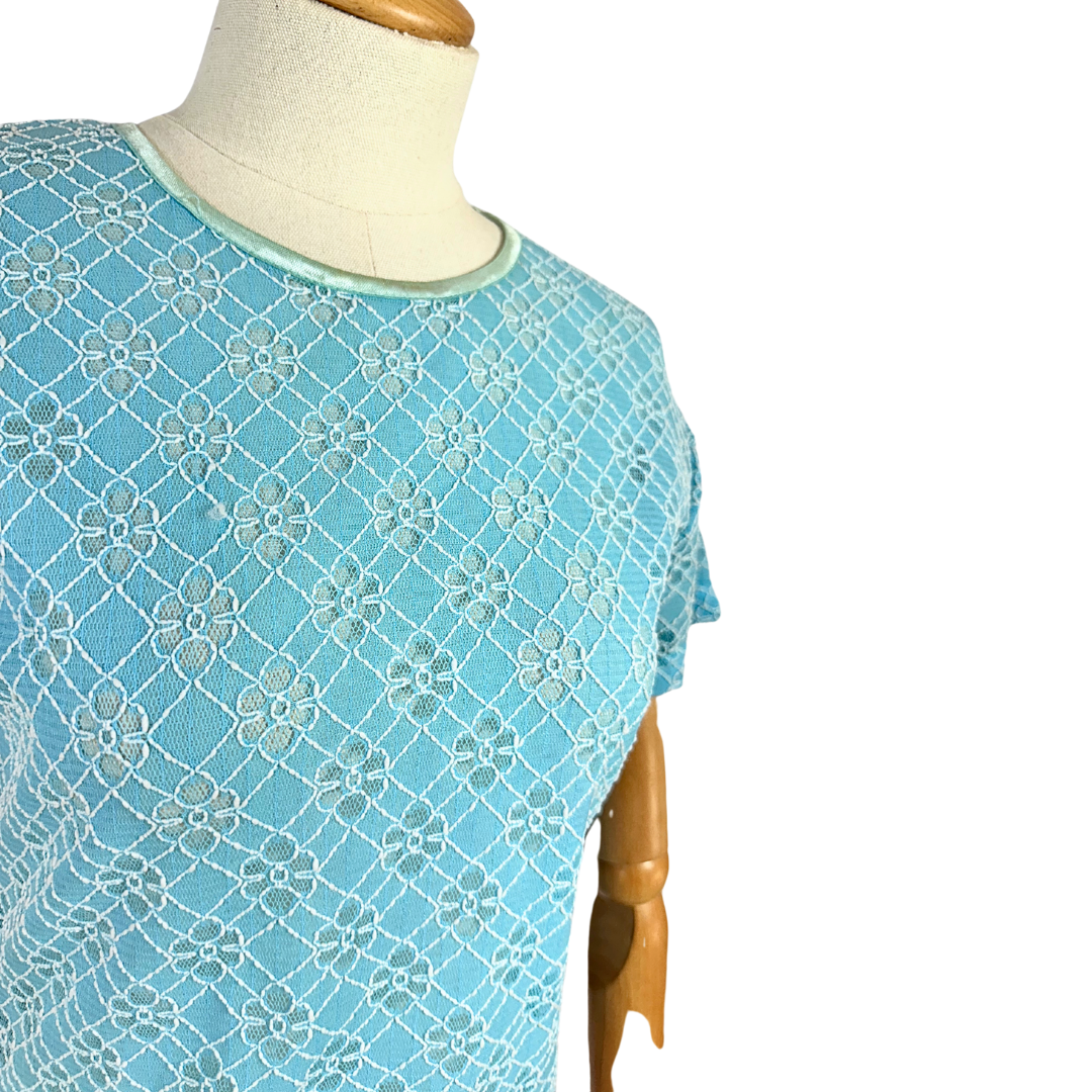 Blue vintage floral lace top - M