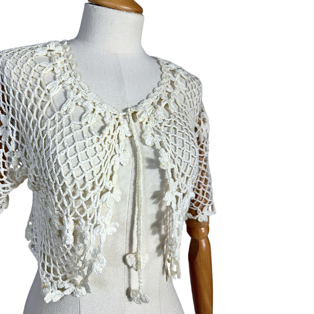 White boho tie front crochet cardigan - S