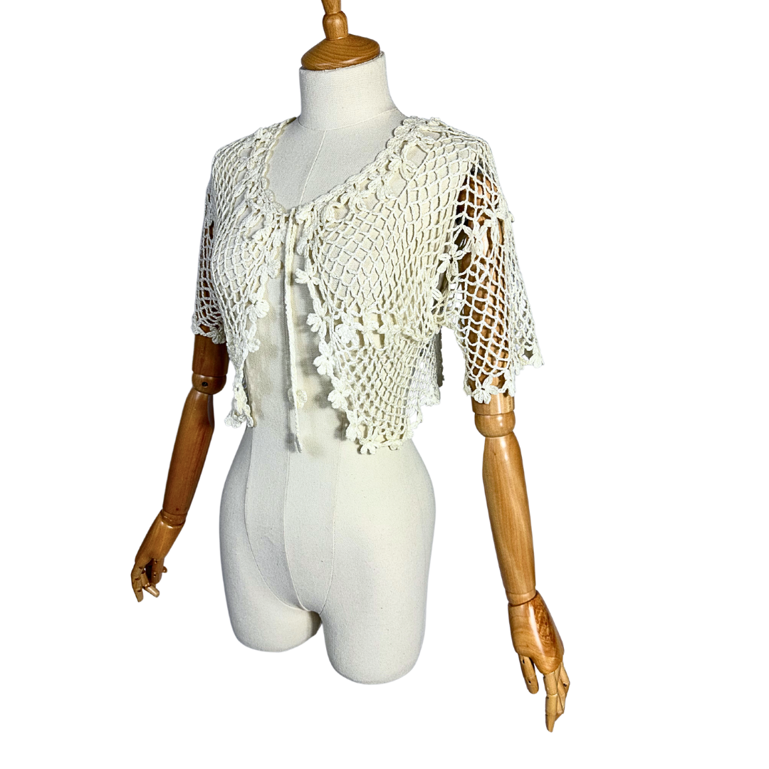 White boho tie front crochet cardigan - S