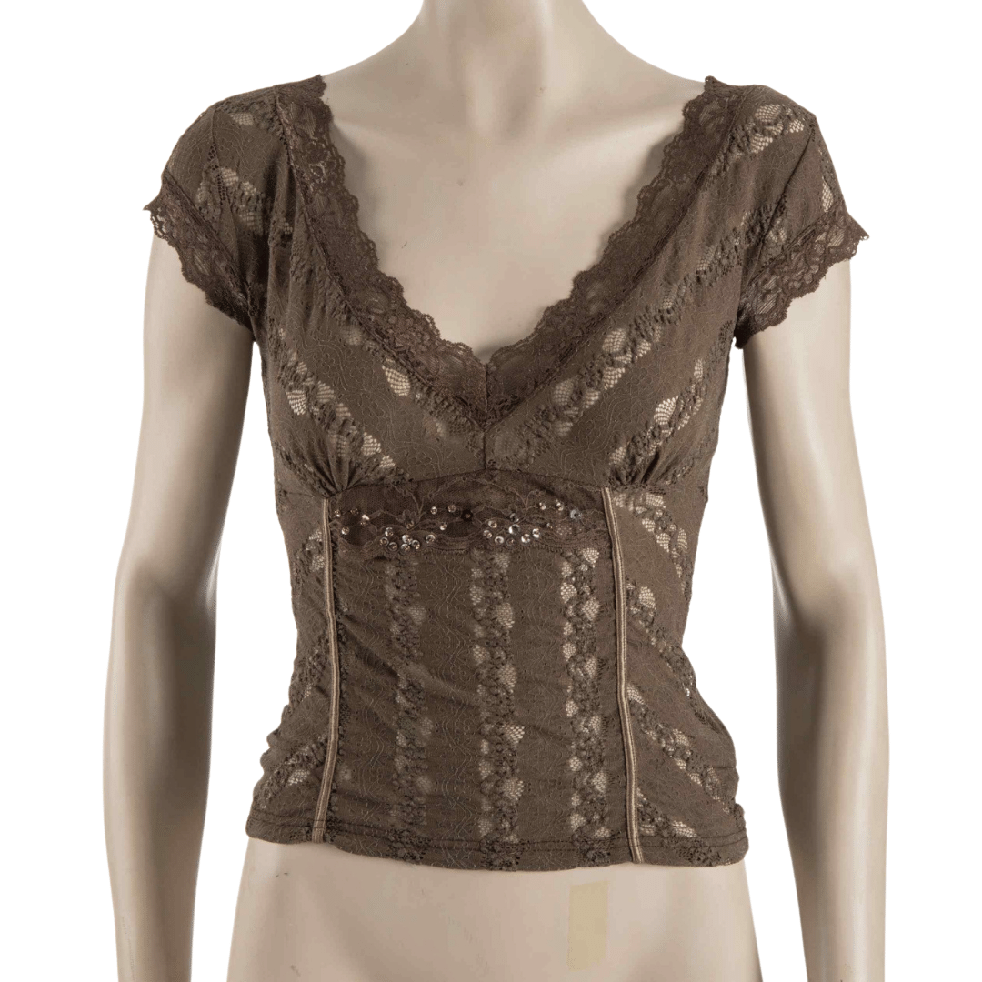Lace v-neck capsleeve see-through top - S
