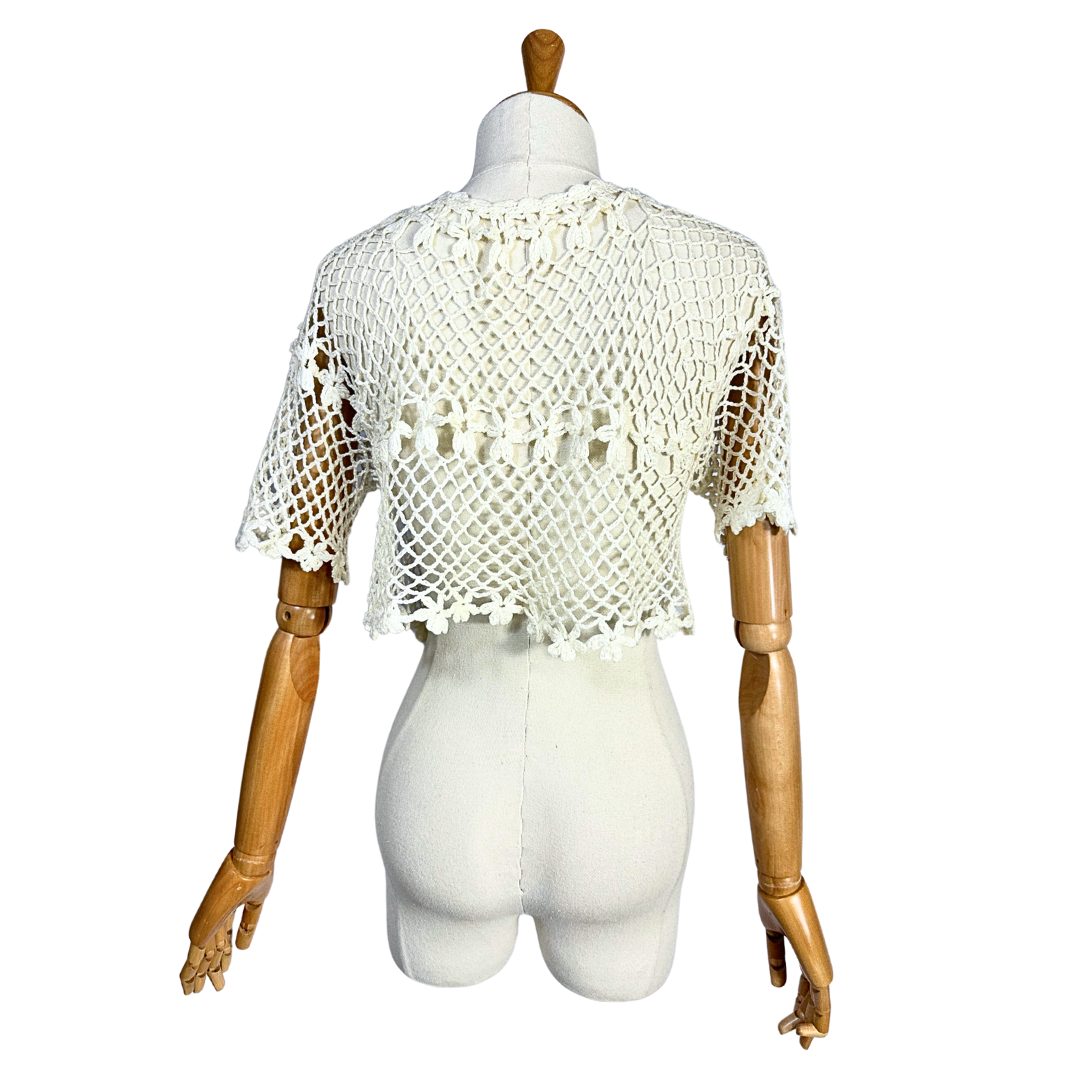 White boho tie front crochet cardigan - S