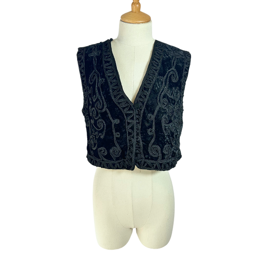 Black boho embroidered velour waistcoat - M