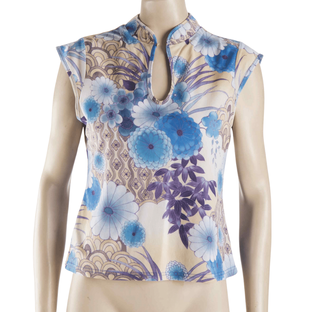 Floral oriental-style capsleeve top - L