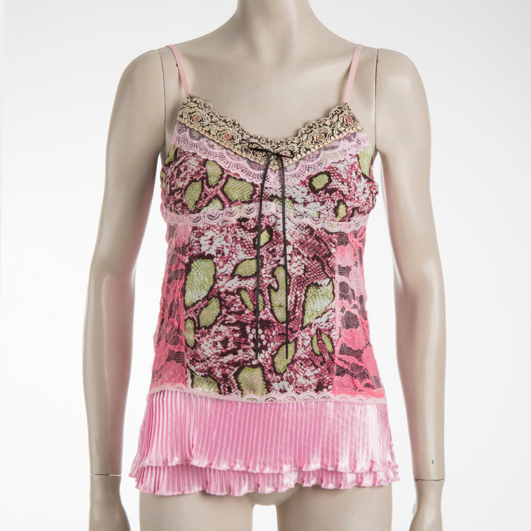 Spaghetti strap animal print cami with pleats and lace detail - M