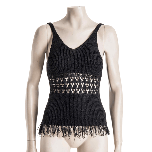 Knitted v-neck top with fringed hem - S