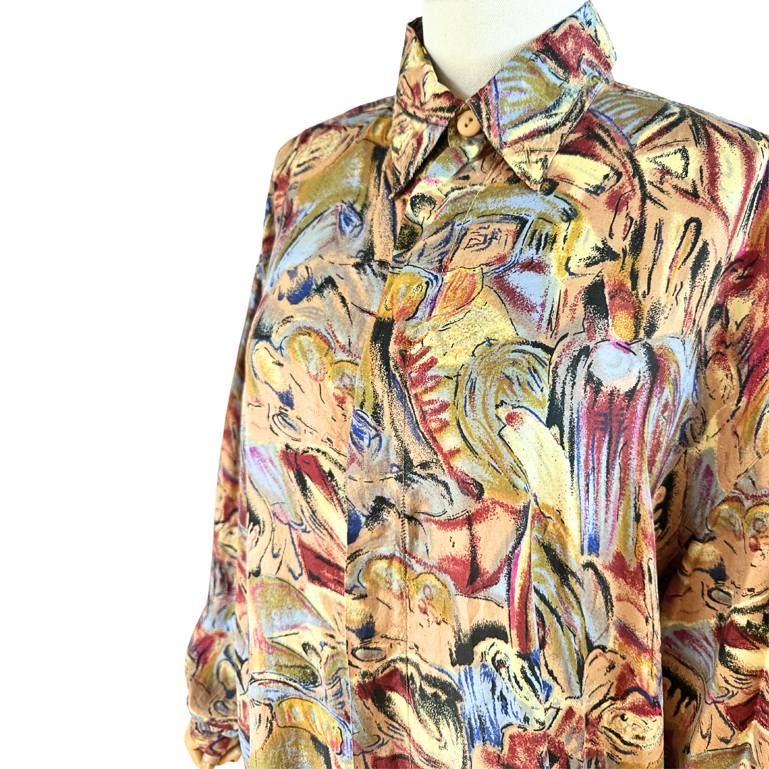 Vintage abstract print silk shirt - L