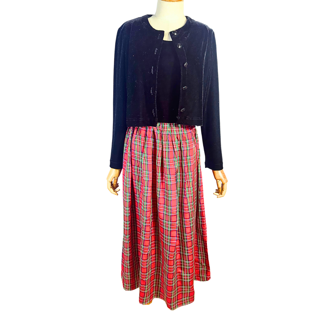 90s velvet and tartan outfit set - S