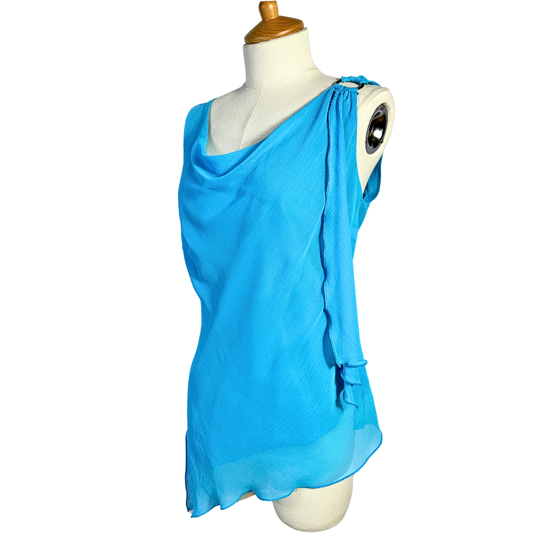 Turquoise  Y2K cowl neck asymmetrical hem top - S