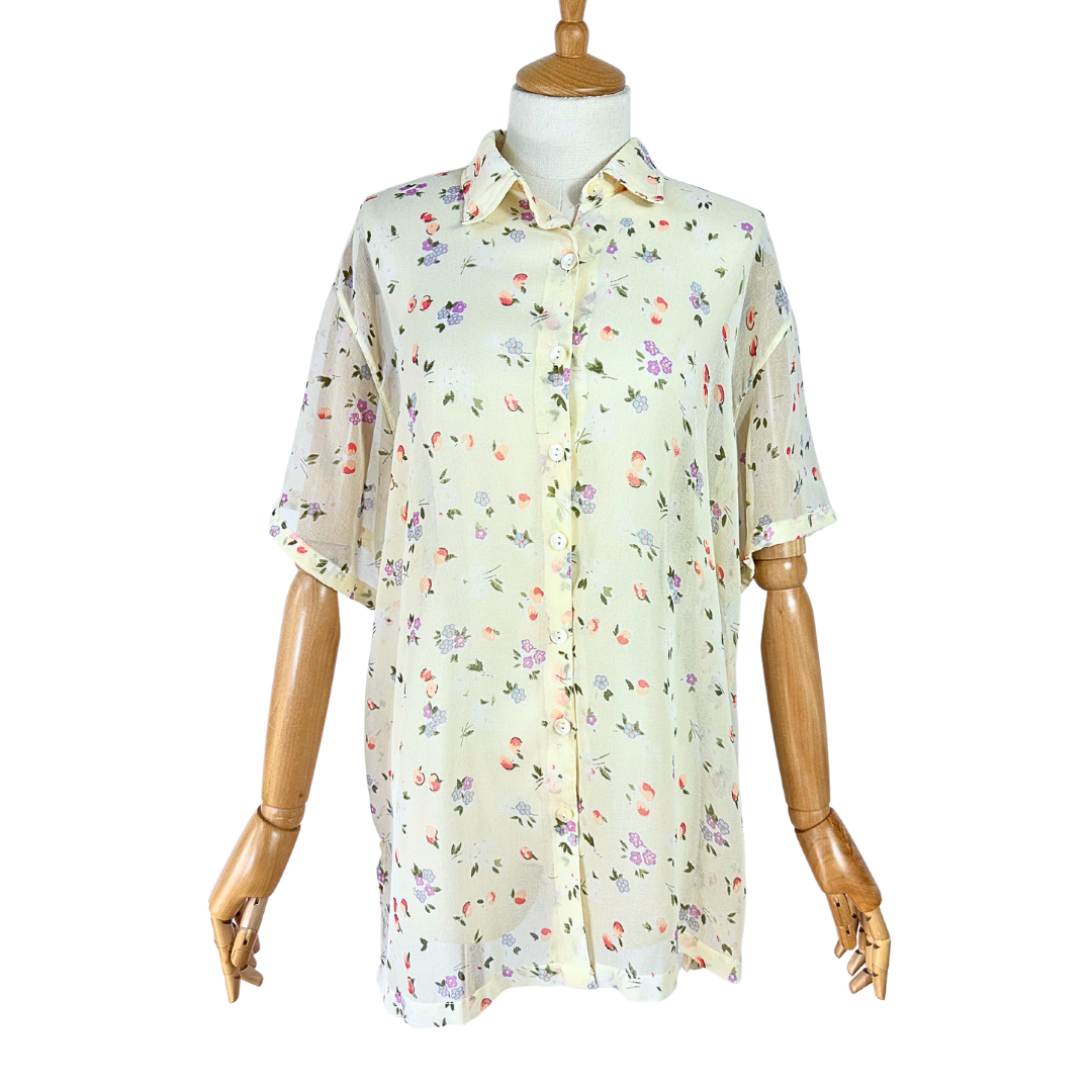 Cream 90s flower and fruit sheer shirt - L