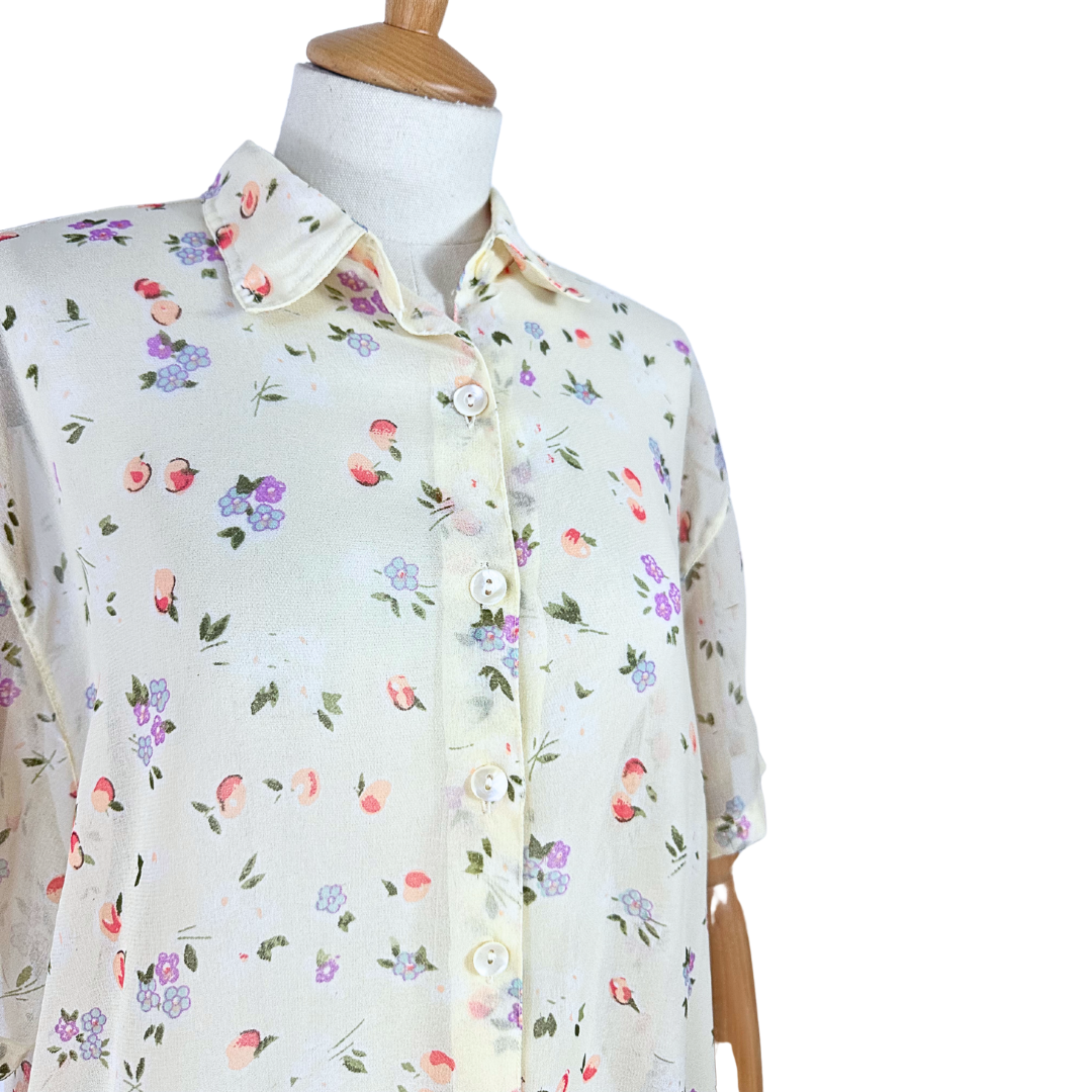 Cream 90s flower and fruit sheer shirt - L