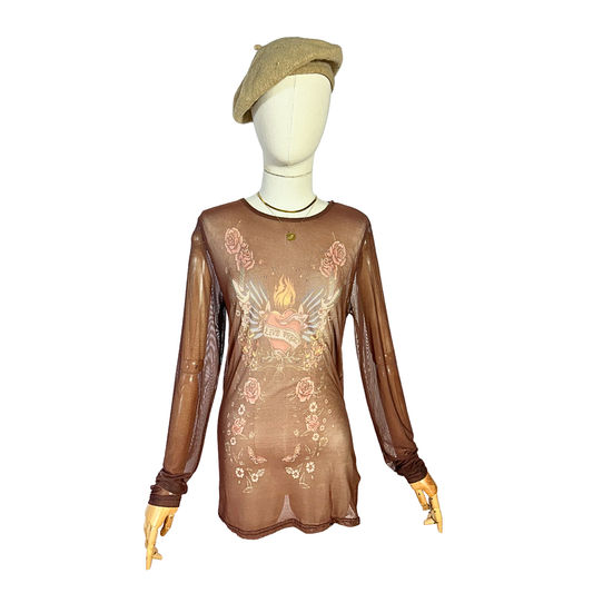 Brown printed mesh top - M
