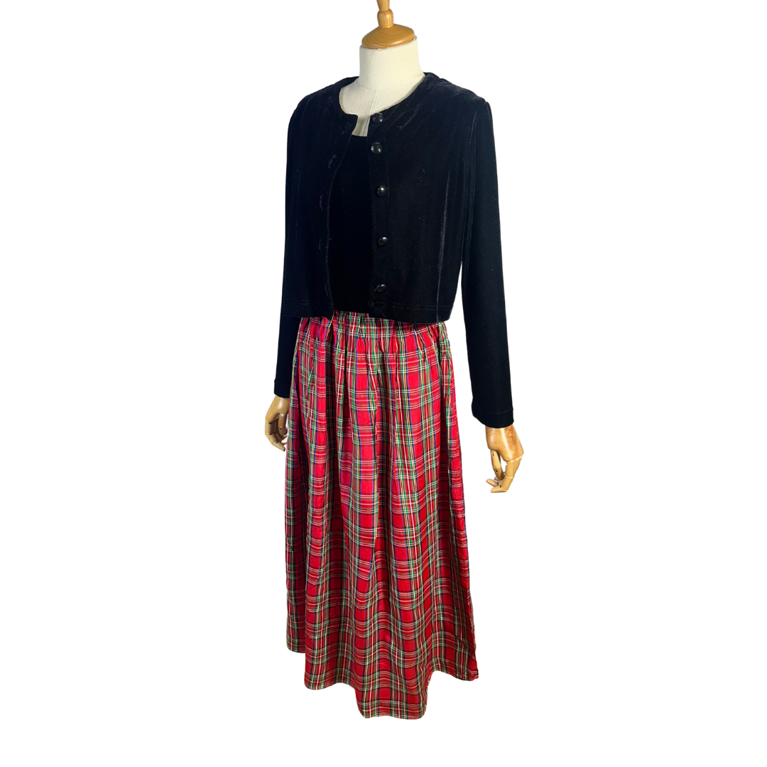 90s velvet and tartan outfit set - S