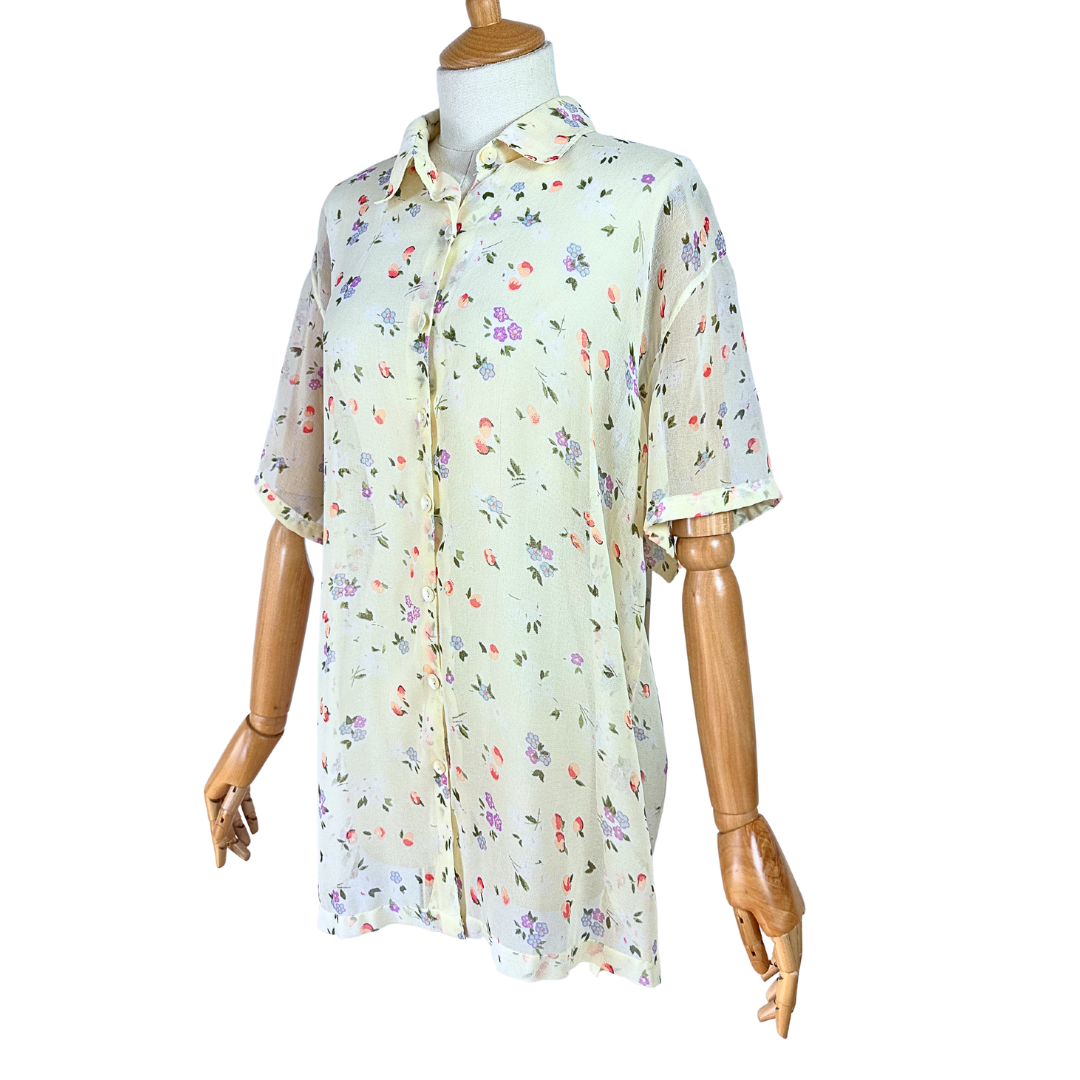 Cream 90s flower and fruit sheer shirt - L