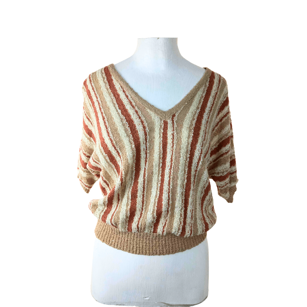 Stripe v-neck shortsleeve knit top with gold thread - M