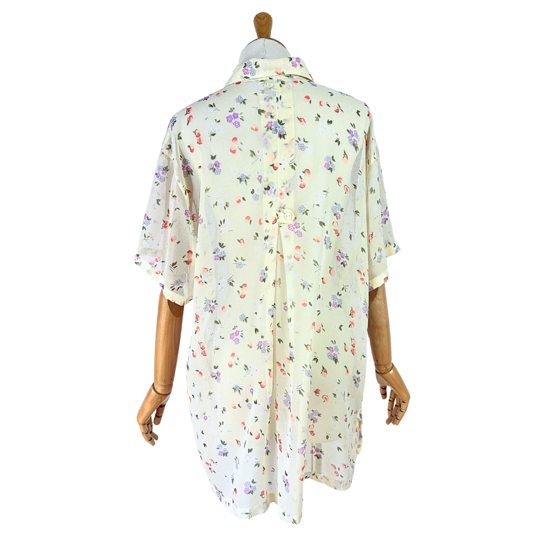 Cream 90s flower and fruit sheer shirt - L