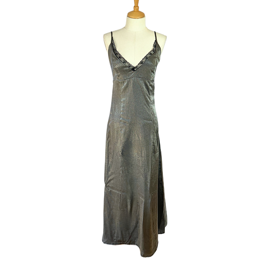 Metallic grey 90s spaghetti strap evening dress - S