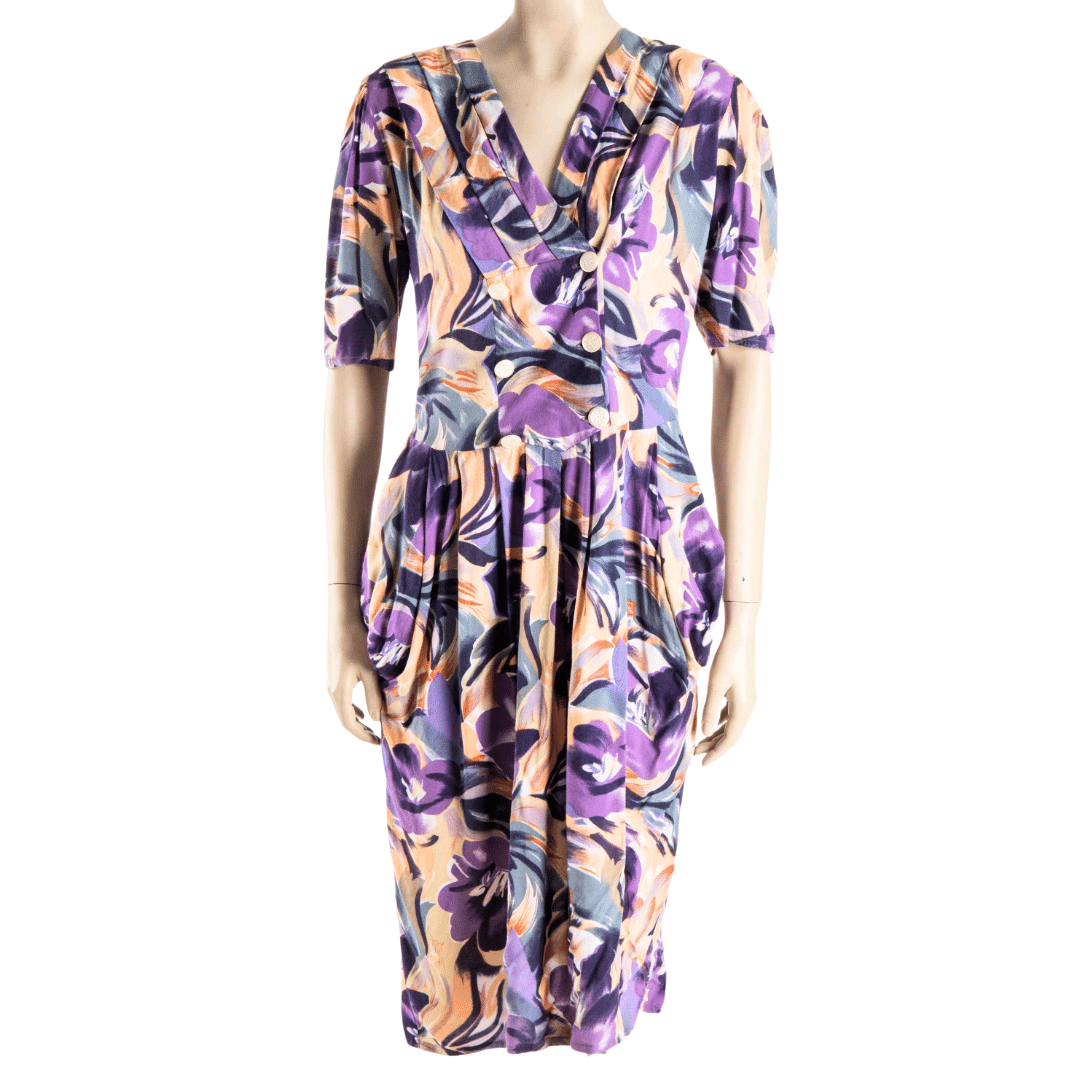80s floral double-breasted harem dress - M