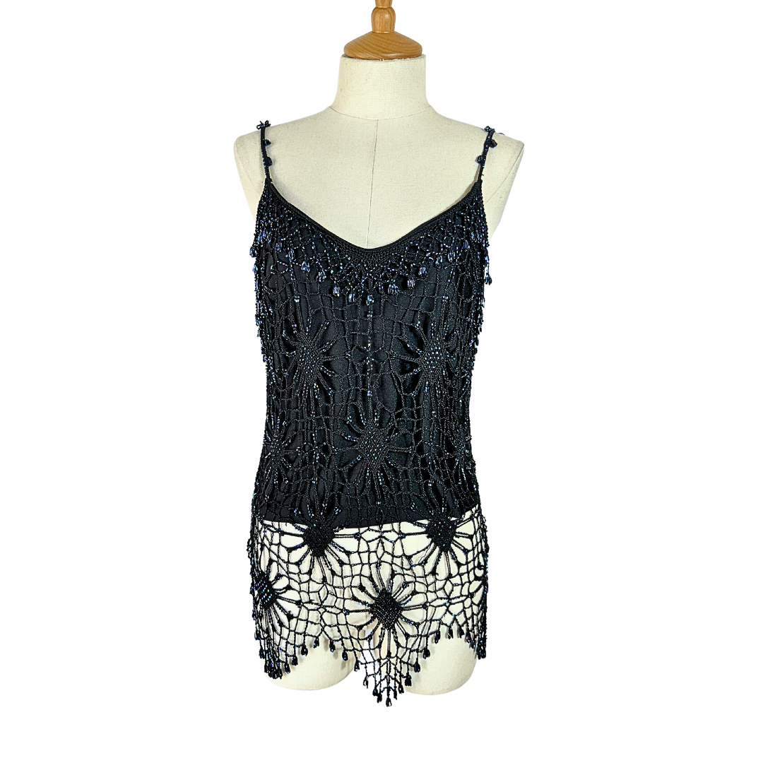 Black beaded spaghetti strap crochet top - M