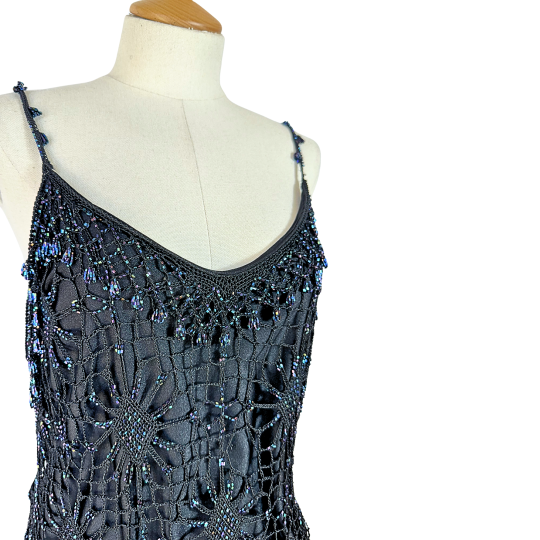 Black beaded spaghetti strap crochet top - M