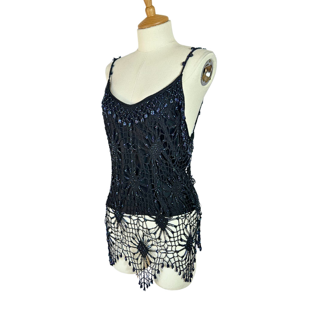 Black beaded spaghetti strap crochet top - M