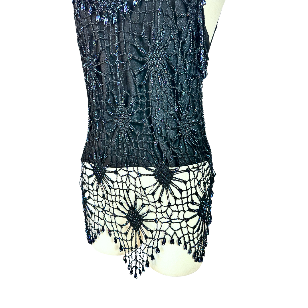 Black beaded spaghetti strap crochet top - M