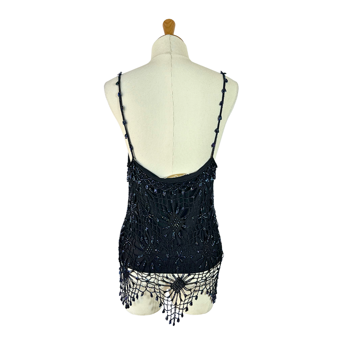 Black beaded spaghetti strap crochet top - M