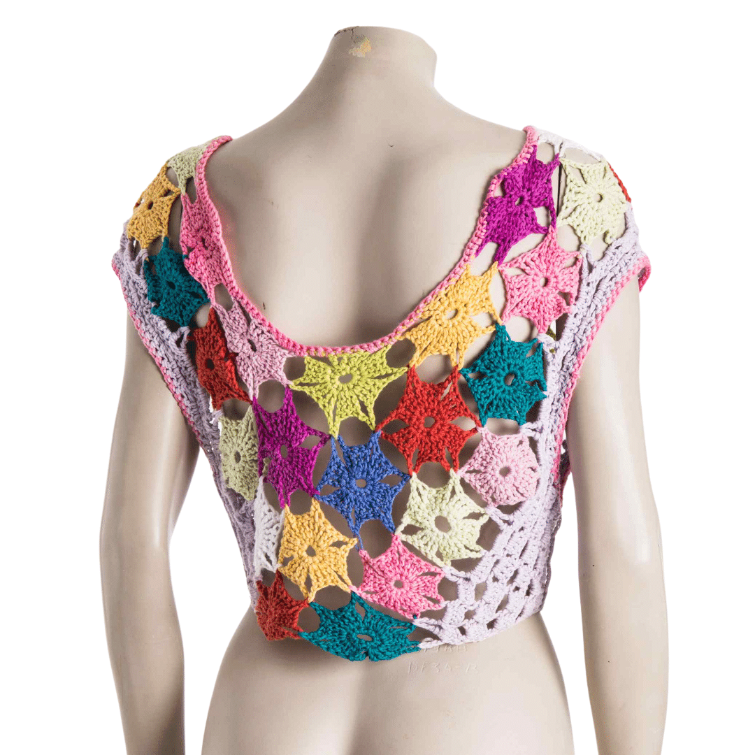 Colourful floral patterned crochet cropped top - M